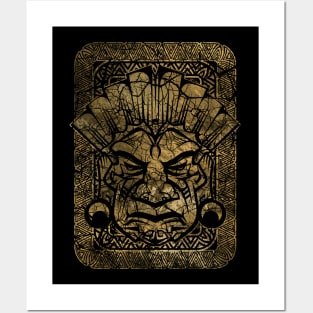 Vintage gold Tribal mask on tribal texture Posters and Art